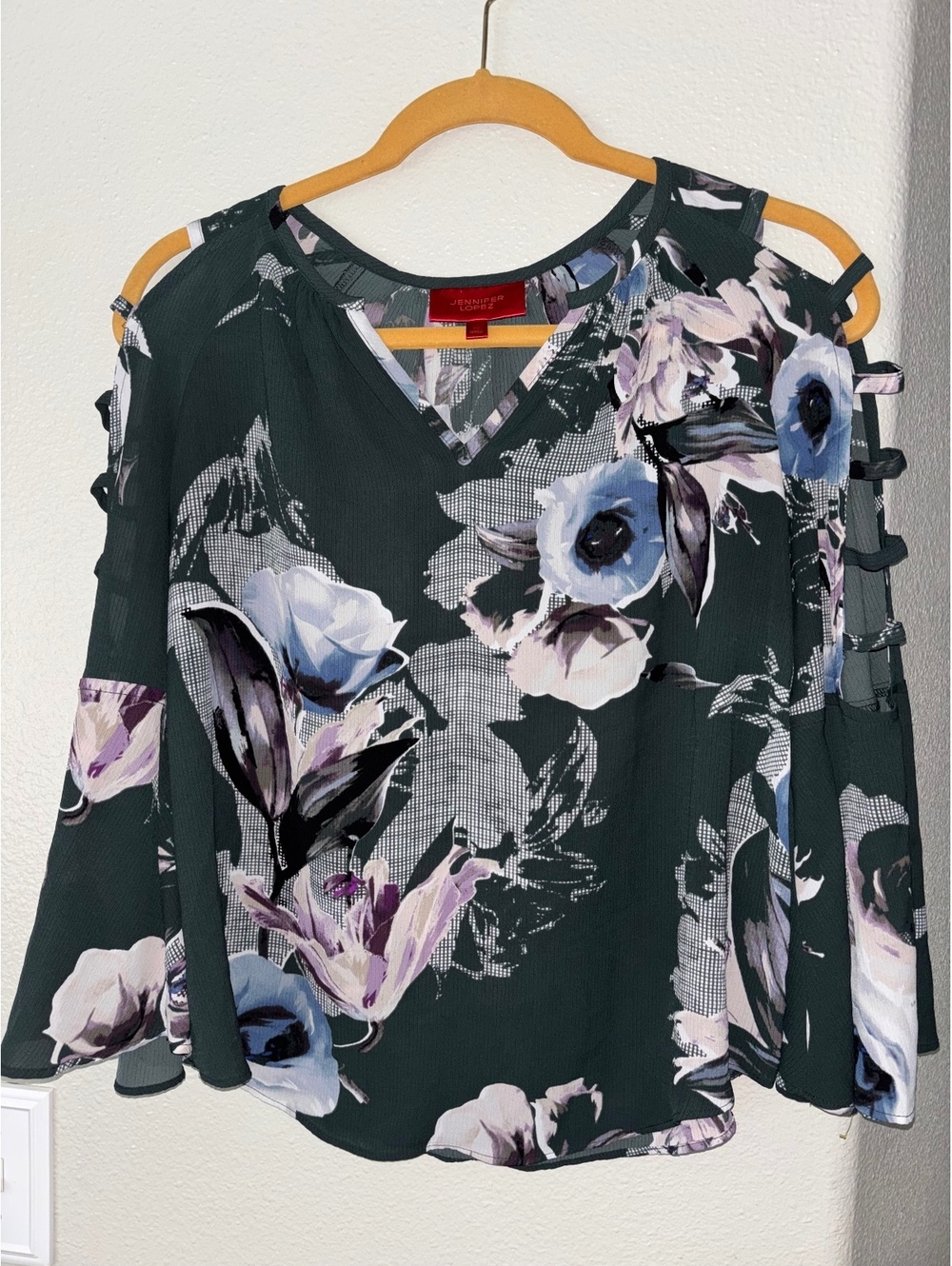 Jennifer Lopez Dark Green Floral Chiffon Cold Shoulder Lattice Sleeve Blouse XS